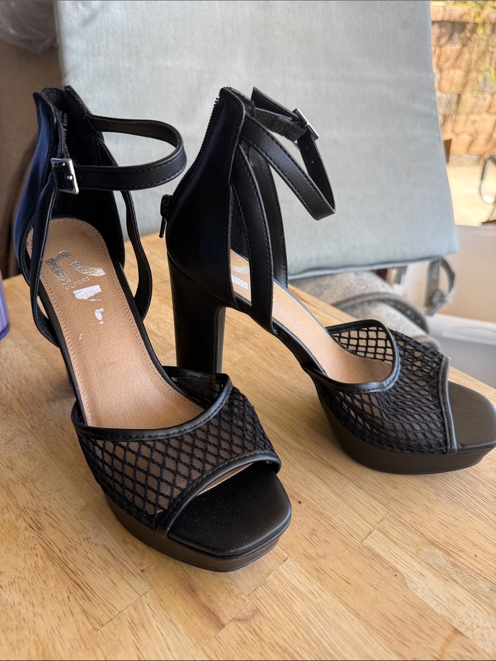 Report Black Mesh Platform Ankle-Strap Heels
